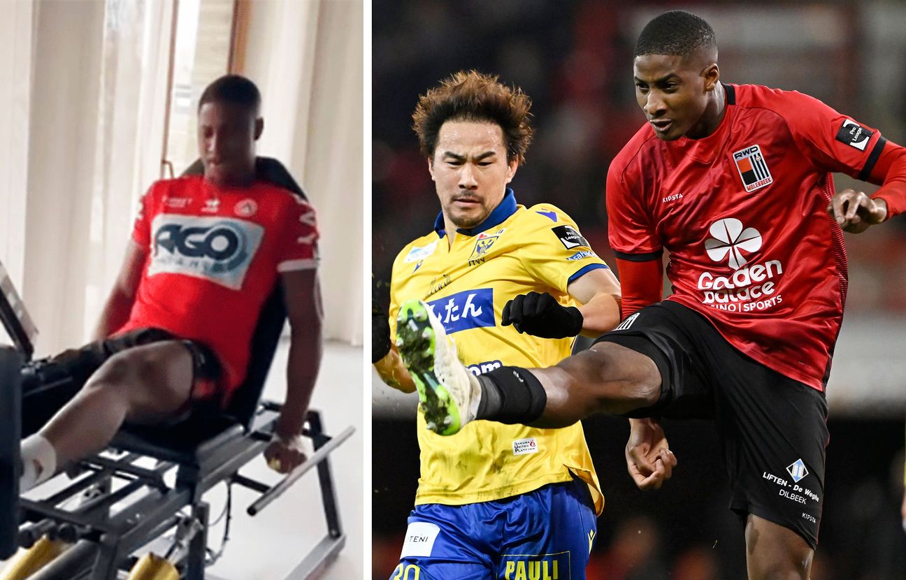 Sissako Moussa tijdens een workout in shirt van KV Kortrijk (links) en tijdens een wedstrijd met RWDM (rechts)