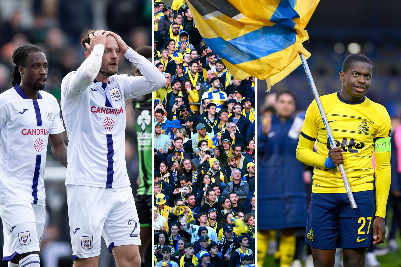 28 april 2024: Mats Rits (links) van RSC Anderlecht na het gelijkspel tegen Cercle Brugge, en Sadiki Noah (rechts) van Union Saint-Gilloise na de winst tegen Antwerp in play-off 1