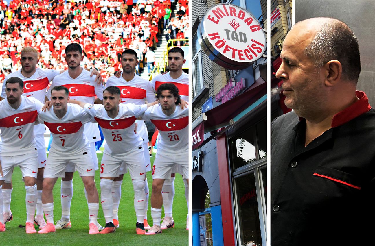 Turkse Brusselaars leven mee met het nationale voetbalteam van Turkije op het EK voetbal 2024 Duitsland. Abut van kebabzaak Emirdag Köftecisi op het Liedtsplein houdt het hoofd koel