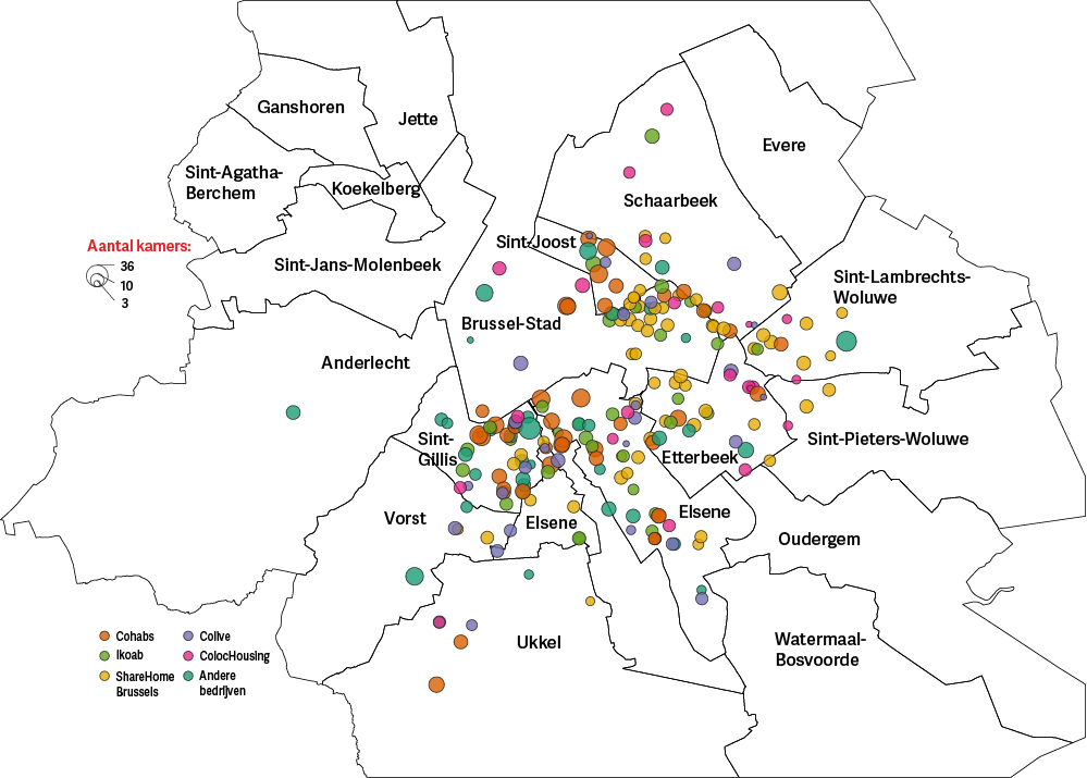 Colivingprojecten per Brusselse gemeente, opgedeeld volgens aanbieders (situatie op 1 maart 2022, inclusief de projecten die op dit moment nog gerealiseerd worden.)