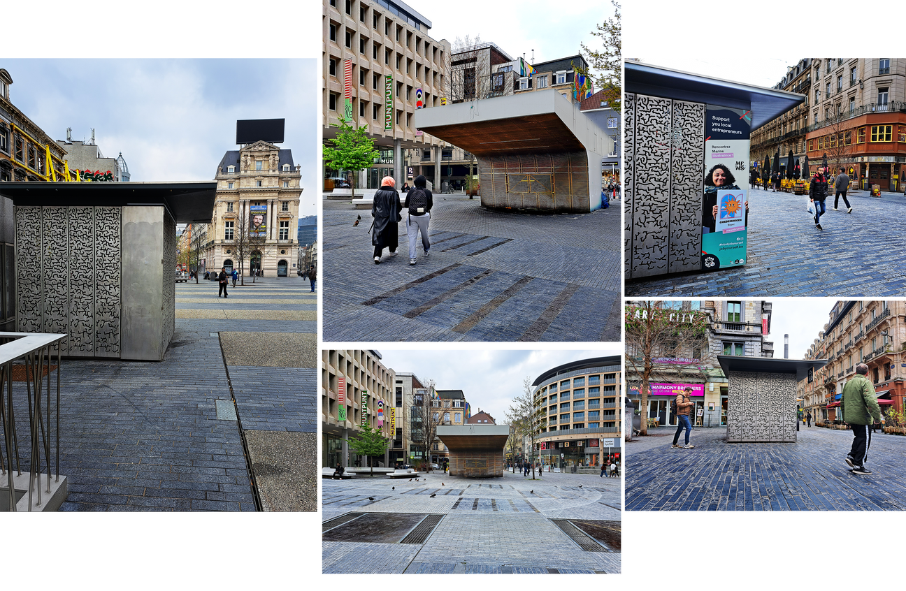 17 april 2023: de leedstaandeJob Yourself-kiosken op het de Brouckèreplein, het Muntplein en de Anspachlaan