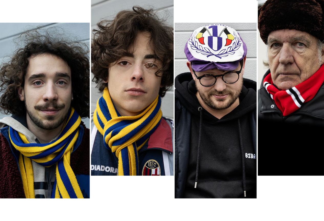 De BRUZZ-voetbalcolumnisten: Kevin Ruelens en Felix Demeester (Union Saint-Gilloise), Reinout Vander Hulst (RSC Anderlecht) en Guy Dermul (RWDM)