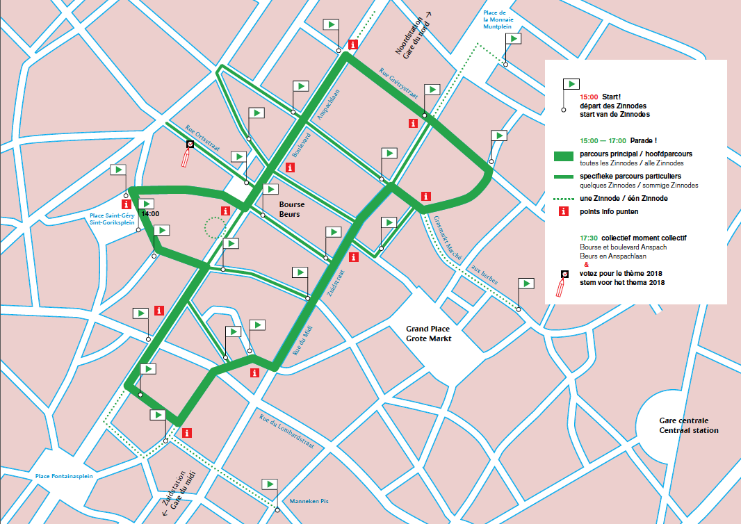 Het parcours van de Zinneke Parade 2016 situeert zich rond de Beurs en de voetgangerszone. © Zinneke Parade