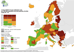 Een kaart van de EU met de verschillende regio's ingekleurd van groen tot donkerrood. De kleur geeft de ernst van de coronasituatie aan