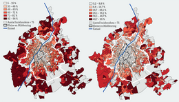 Geografie van het autobezit in Brussel en onmiddellijke rand Links aantal huishoudens met één of meer auto's Rechts aantal huishoudens met twee of meer auto's