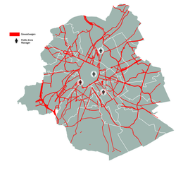 Het Brussels Gewest met gemeentegrenzen en gewestwegen in het rood en 4 Public Zone Managers