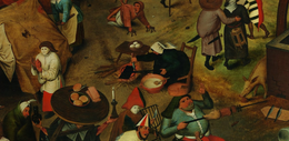 Detail uit 'Het gevecht tussen Carnaval en Vasten' van Pieter Brueghel (naar Pieter Bruegel de Oude) KMSKB Brusselse wafel