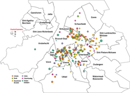 Colivingprojecten per Brusselse gemeente, opgedeeld volgens aanbieders (situatie op 1 maart 2022, inclusief de projecten die op dit moment nog gerealiseerd worden.)