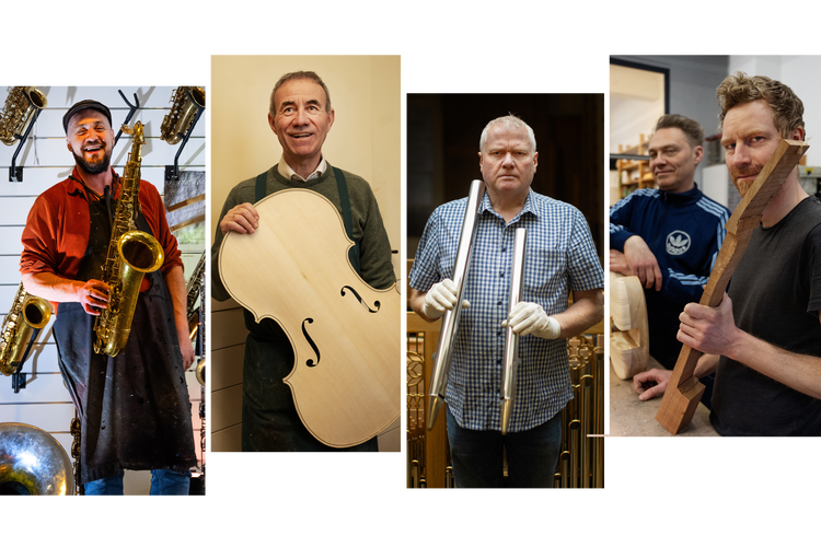 Instrumentenbouwers Maxime Plateau (blaasinstrumenten), Jan Strick (strijkinstrumenten), Johan Deblieck (kistorgels) en John Joveniaux en Serge Michiels (gitaren)