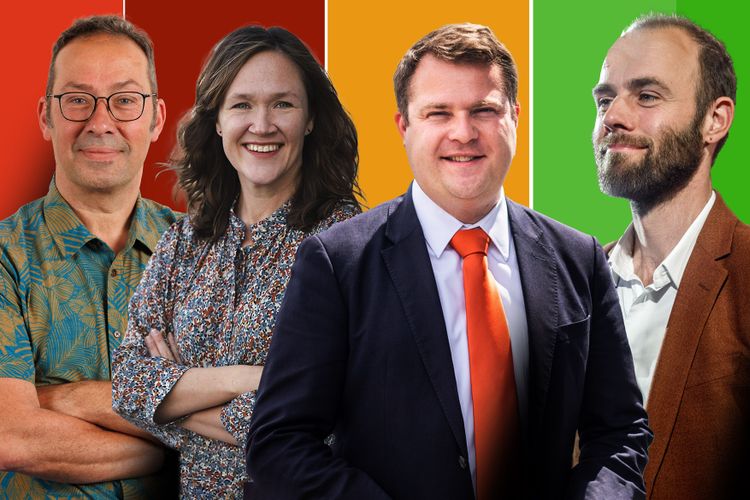 Bruno Bauwens (PVDA), Hannelore Goeman (Vooruit), Joris Poschet (CD&V) en Bart Dhondt (Groen)