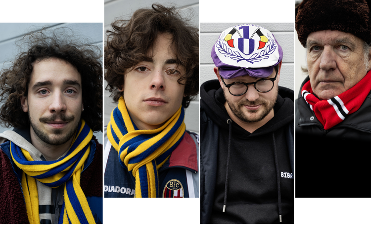 De BRUZZ-voetbalcolumnisten: Kevin Ruelens en Felix Demeester (Union Saint-Gilloise), Reinout Vander Hulst (RSC Anderlecht) en Guy Dermul (RWDM)