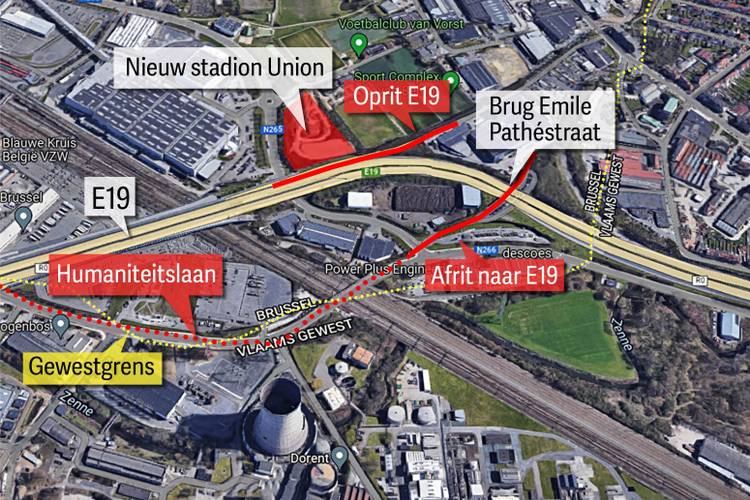 Bemptsite Vorst: hier komt wellicht het nieuwe stadion van Union Saint-Gilloise, met aan te passen oprit en bestaande afrit naar de E19