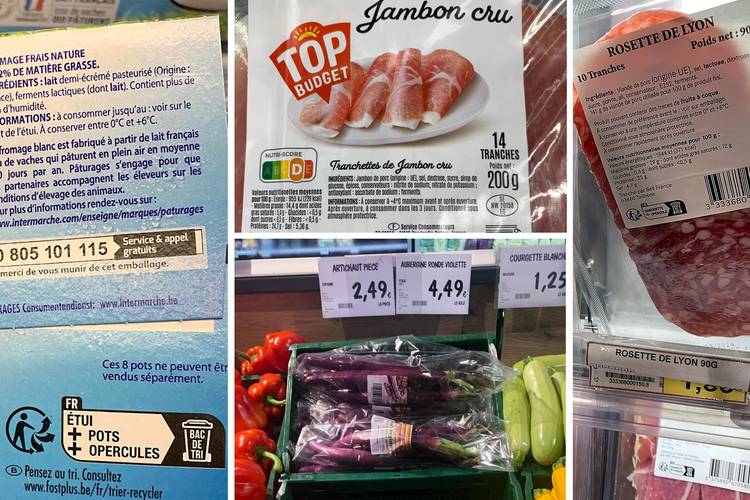 Eéntalig Franse etiketten van voedingsproducten in supermarktketen Intermarché