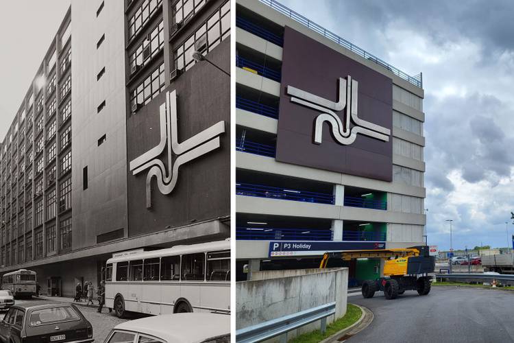 Kunstwerk Jacques Moeschal aan de gevel van de vroegere Parking 58 (links) en aan het nieuwe gebouw van Interparking aan Brussels Airport (rechts)