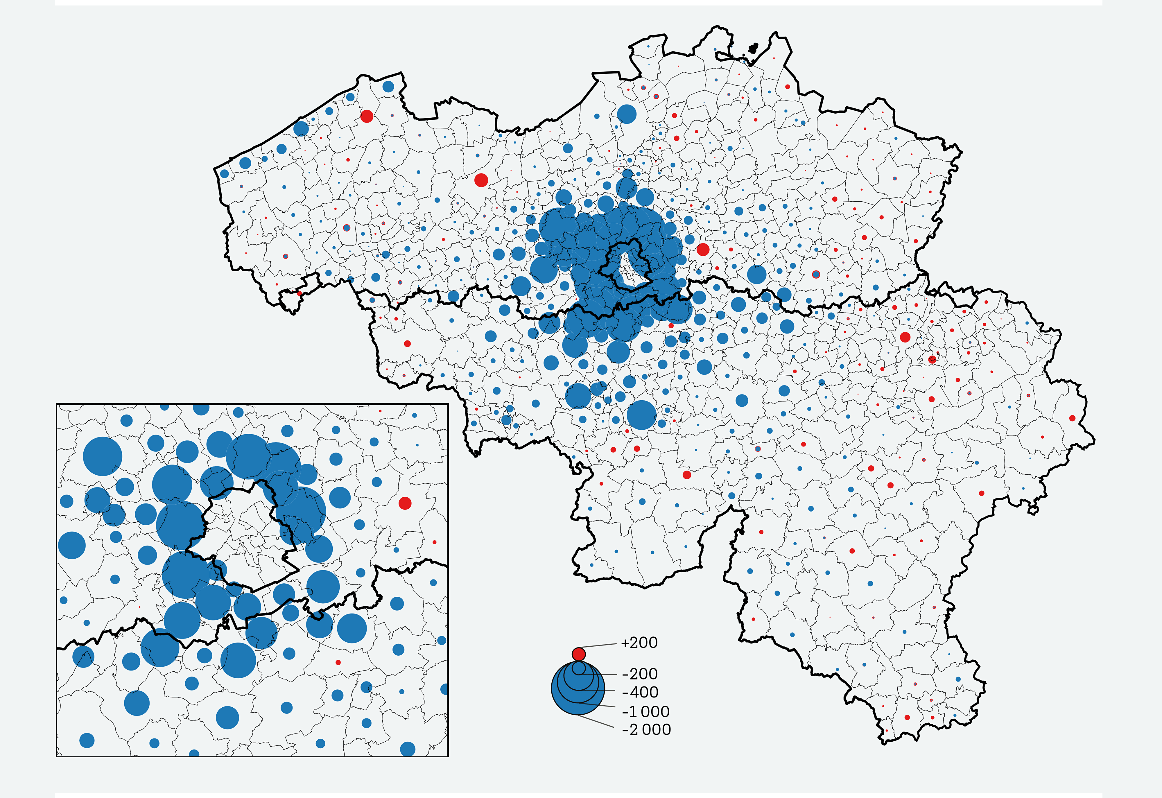 Het migratiesaldo tussen het Brussels Hoofdstedelijk Gewest en de gemeenten in de rest van België (2020-2021.)