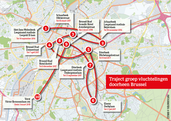 Het traject van de groep vluchtelingen doorheen Brussel tot vandaag.