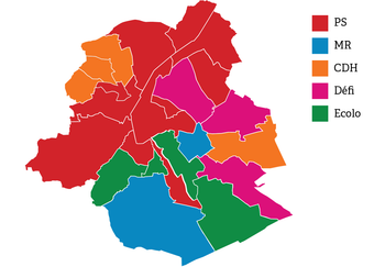 Kaart Brussel 19 volgens politieke kleur burgemeester