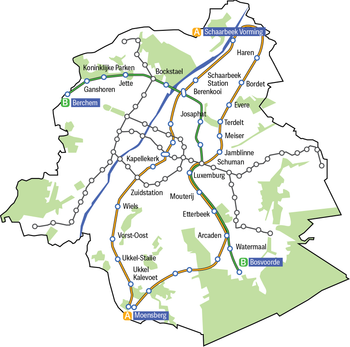 Het Brussels Expresnet, naar een voorstel van Ecolo-Groen, met uitbating van een lijn tussen Sint-Agatha-Berchem en Bosvoorde, en een lus tussen Moensberg (Ukkel) en Schaarbeek.