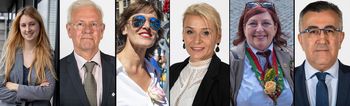 Deze lokale politici verlieten Défi voor MR. Vlnr: Ariane de Lobkowicz, Bernard Guillaume, Filiz Güles, Emel Dogocan, Isabelle Rigaux en Sadik Köksal.