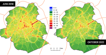 De laatste monitoring van Leefmilieu Brussel toont een vermindering aan van bepaalde vervuilende stoffen en, voor de eerste keer, een daling van NO2 langs de hoofdwegen sinds 2018. Kaart volgens het SIRANE-model