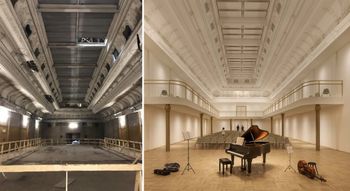 De Elizabethzaal, tussen Hoogstraat 85 en Blaesstraat vandaag (links), voor de beoogde renovatie (simulatiebeeld rechts)