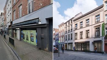 Hoogstraat 85: de gevel van de voormalige winkel Meublia in 2023 (links), en het simulatiebeeld na de beoogde renovatie