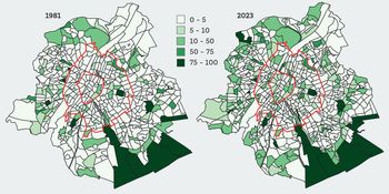 Aandeel oppervlakte Brussels gewest publiek toegankelijke groene ruimten (1981-2023)