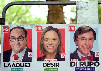In aanloop naar de Gewestverkiezingen 9 juni 2024: verkiezingsaffiches voor PS-kopstukken Ahmed Laaouej, Caroline Désir en Elio Di Rupo
