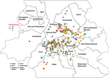 Colivingprojecten per Brusselse gemeente, opgedeeld volgens aanbieders (situatie op 1 maart 2022, inclusief de projecten die op dit moment nog gerealiseerd worden.)