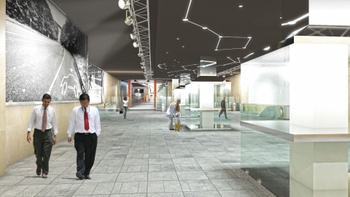 Simulatiebeelden van het metrostation Beurs, met kunstruimte.