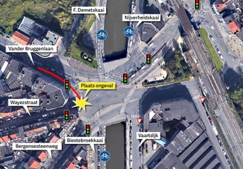 Plaats dodelijk ongeval fietser en vrachtwagen hoek Wayezstraat en Bergensesteenweg