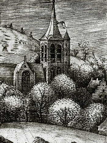 Zomer, gravure van Pieter Bruegel de Oude uit 1568 (detail van de kerktoren.)