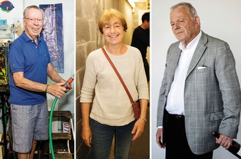 Pensioengerechtigd, maar nog aan het werk: Laurent Benner (84) in zijn Aqua-Club, Thérèse Hanquet (65), technisch huisbewaarder in Terrassen aan de Sluis, en Willy Verhaegen, nog steeds actief als wijnpromotor, ondanks zijn 80 jaar.