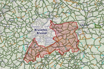 Brussel is voorlopig nog een witte vlek in het fietsroutenetwerk. Het in rood aangeduide gebied liet zien waar Toerisme Vlaams-Brabant de bewegwijzering van het fietsnetwerk aanpast.