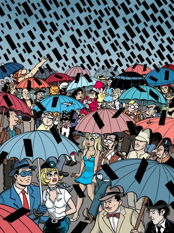 Tekening voor het boek Duizend bommen en castraten. Bekende stripfiguren schuilen onder paraplu's voor een regen van zwarte balkjes, als teken van censuur