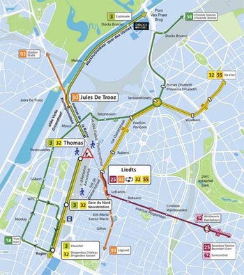 Kaart waarop te zien is dat er in de zomer van 2021 geen trams rijden in de omgeving van halte Thomas.