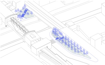 Een schematisch overzicht van de omgeving van de Ropsy Chaudronbrug, waar extra bomen komen