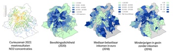 Vergelijking van vier kaarten van het Brussels Gewest: (1) luchtkwaliteit (CurieuzenAir 2022), (2) bevolkingsdichtheid, (3) mediaan inkomen en (4) aantal kinderen in een gezin zonder inkomen