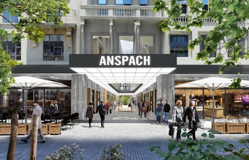 Simulatiebeeld van de nieuwe ingang van de Anspachgalerij langs de kant van de Anspachlaan