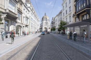 De Koningsstraat, met de Koninklijke Sint-Mariakerk achteraan, wordt heraangelegd vanaf 2024 en zal er dan uitzien zoals op dit simulatiebeeld