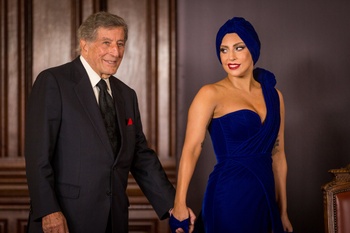 22 september 2014: Lady Gaga en Tony Bennett presenteren hun nieuwe album Cheek to Cheek in het Brussels stadhuis