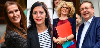 De kopstukken van de Franstalige partijen in Brussel: Sophie Wilmes (MR), Zakia Khattabi (Ecolo), Françoise De Smedt (PTB) en minister-president Rudi Vervoort (PS)