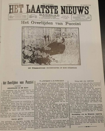 Het overlijden van Puccini op de voorpagina van Het Laatste Nieuws