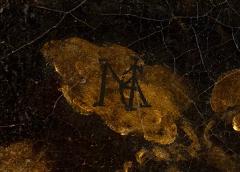 De monogram in de recent ontdekte Michelangelo, getiteld 'Pietà spirituali'.