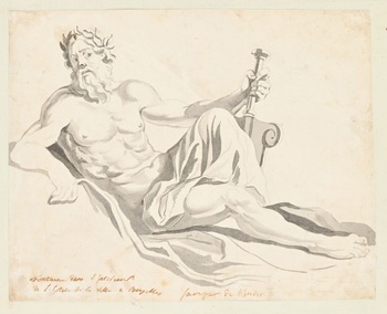 Een tekening van de Meusefontein op de binnenplaats van het Brusselse stadhuis, gemaakt in de 18de eeuw.