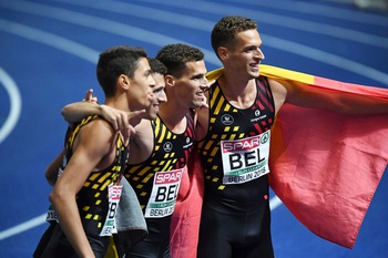 Belgian Tornados Jonathan Borlée, Kevin Borlée, Dylan Borlée en Jonathan Sacoor worden Europees kampioen op de 4x400 meter estafette op het EK atletiek Berlijn 2018