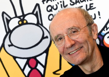 Philippe Geluck, de geestelijke vader van Le Chat, bij de voorstelling Le Chat Cartoon Museum
