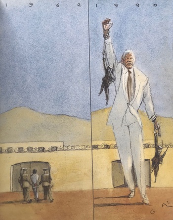 Uit het archief van cartoonist/illustrator GAL: de vrijlating van Nelson Mandela na gevangenschap van 1962 tot 1990. Het einde van het apartheidsregime in zuid-Afrika.