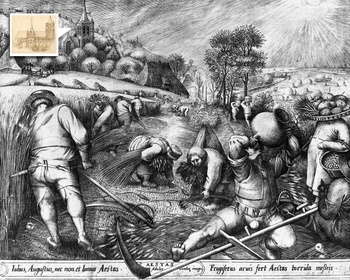 Pieter Bruegel de Oude, Zomer, gravure uit 1568 met een vergelijkend beeld van de kerktoren van Sint-Guido in Anderlecht volgens Remilio Cantagallina