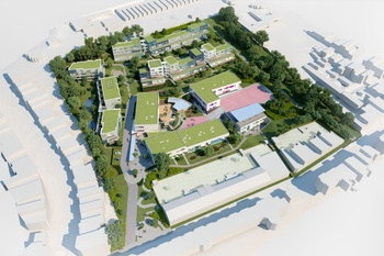 Een simulatiebeeld van de nieuwe HoP-school  (Horticulteurs-Perruches) aan Donderberg in Laken zoals oorspronkelijk gepland in 2013